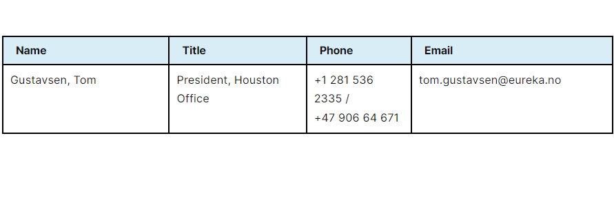 Contact info – Eureka Pumps AS – Houston, USA